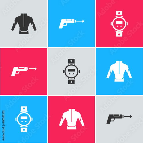 Set Wetsuit, Fishing harpoon and Diving watch icon. Vector.