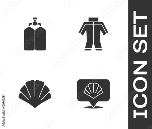 Set Scallop sea shell, Aqualung, and Wetsuit icon. Vector.
