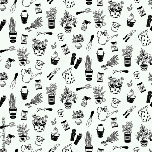 Gardening items seamlessly pattern. Cute doodle graphic. Hand drawn elements Flowers, flower pots, garden tools.