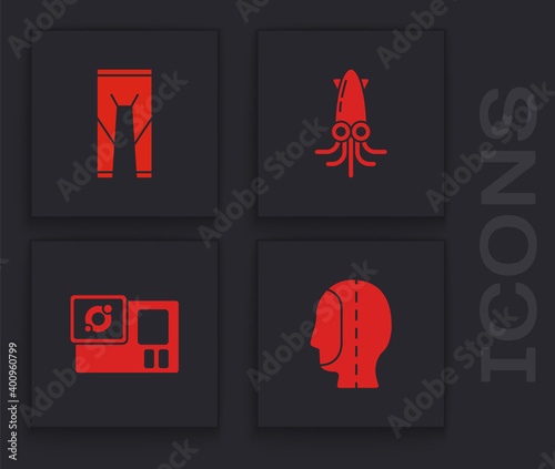 Set Diving hood, Wetsuit, Octopus and Action camera icon. Vector.