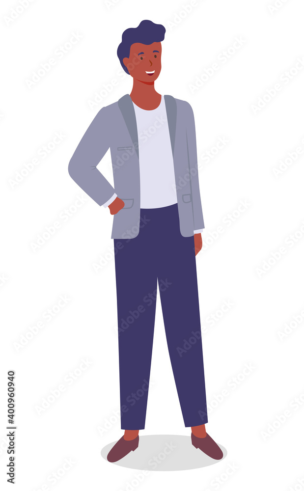 Smiling man young businessman dressed in a jacket standing at full height vector illustration isolated on white background. Businessperson male character in formal clothes office worker or employee