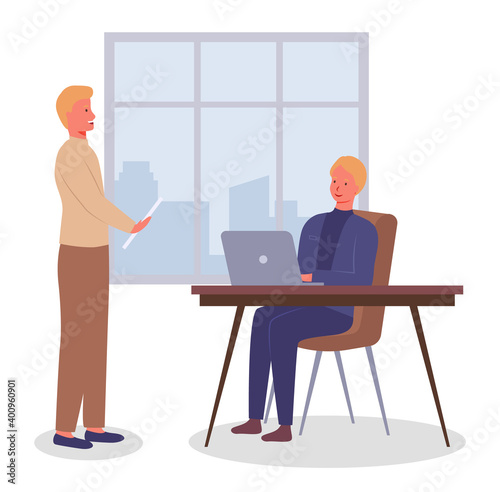Woman sits at table uses laptop, blond man with document. Panoramic window with cityscape. Office meeting. Employees, colleagues or office staff. Communicate and work. Flat vector image on white