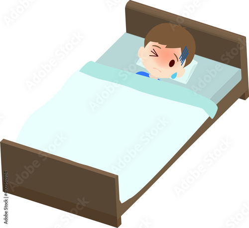 具合が悪くてベッドで寝る可愛い男の子供のイラスト