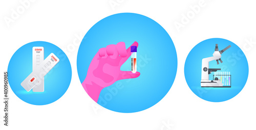 set rapid coronavirus test blood sample and microscope with flasks covid-19 pandemic laboratory research concept horizontal vector illustration
