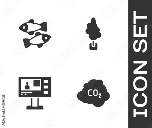 Set CO2 emissions in cloud, Dead fish, Television report and Tree icon. Vector.