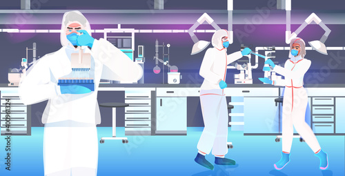 doctors team in masks and protective suits working with test tubes vaccine development fight against covid-19 concept medical lab interior horizontal vector illustration