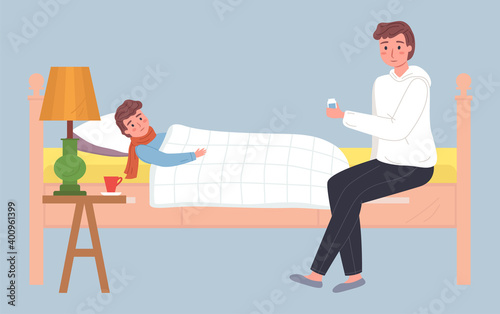 Young father caring for a sick son. A sick boy lies in bed and his parent gives him medicine. Dad measuring temperature to kid, treats him. Child care, parenthood illustration on blue background