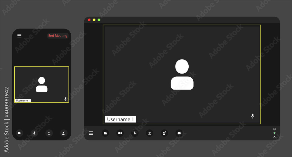 Template video conference user interface on realistic phone and tablet, video conference calls window overlay. Two users Template video conference user interface on realistic phone and tablet, video conference calls window overlay. Two users