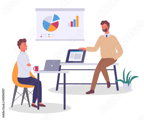 Office workers characters discussing matters, statistics chart. Businessman and colleague sitting at office desk with laptop talking communicating. Business meeting and consideration of working issues