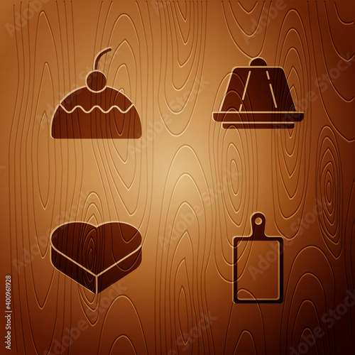 Set Cutting board, Cake, Candy heart shaped box and Pudding custard on wooden background. Vector.