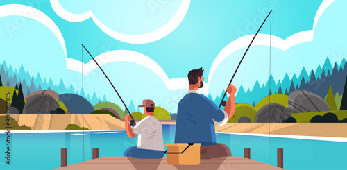 young father fishing with son parenting fatherhood concept dad teaching his kid catching fish at lake beautiful nature landscape background full length horizontal vector illustration