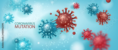 Coronavirus mutation vector background with disease molecules on blue. Medical research or pandemic virus prevention banner with COVID-19 abstract images under microscope. Europe coronavirus mutation