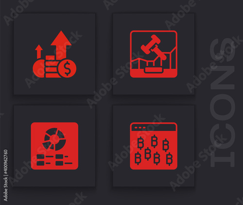 Set Bitcoin in browser, Financial growth and, Online internet auction and Pie chart infographic icon. Vector.