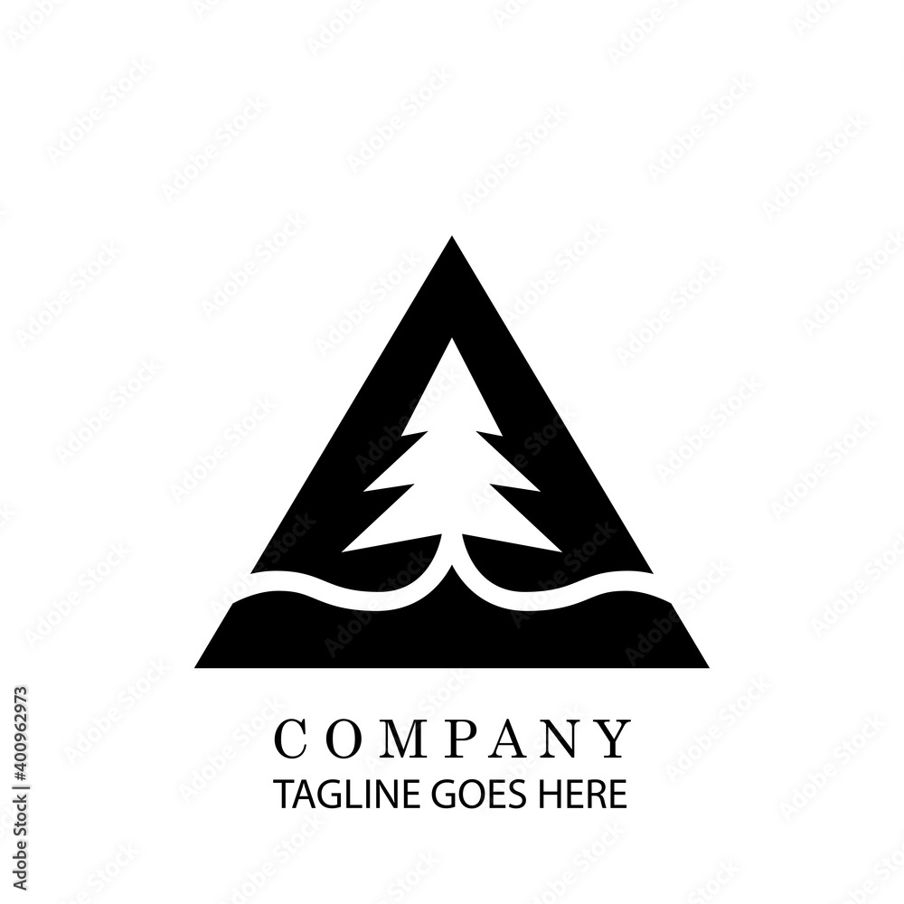 Vector logo of mountains and trees. Simple minimalist emblem. Linear landscape icon with trees. business insignia, travel badge, agricultural and ecological concepts, wellness and yoga center