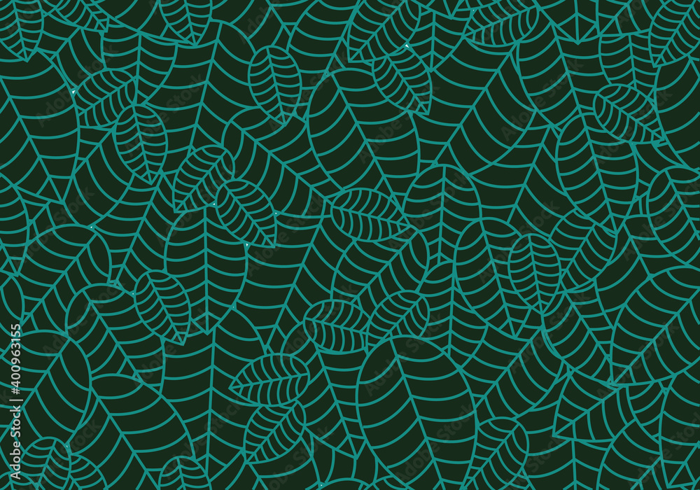 Seamless linear leaves pattern. Horizontal plant green leaf ornament. For labels, packaging or fabric. Chaotically scattered leaves.