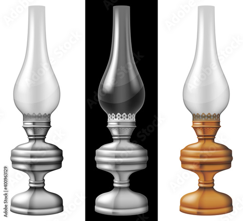 Set of three kerosene / oil lanterns / lamps. Vector illustration.	