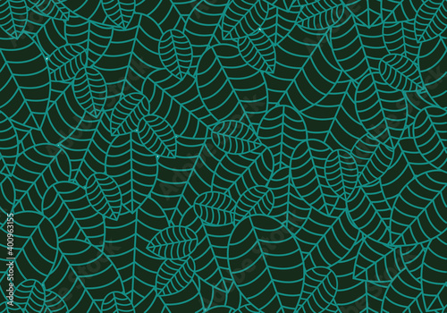 Seamless linear leaves pattern. Horizontal plant green leaf ornament. For labels, packaging or fabric. Chaotically scattered leaves.