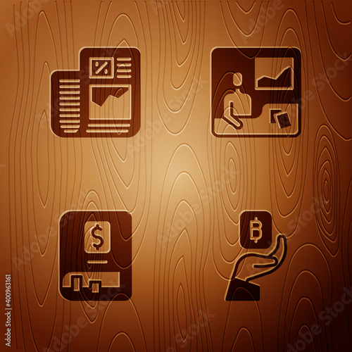 Set Hand holding Bitcoin, Business finance report, Financial book and Trading courses on wooden background. Vector.