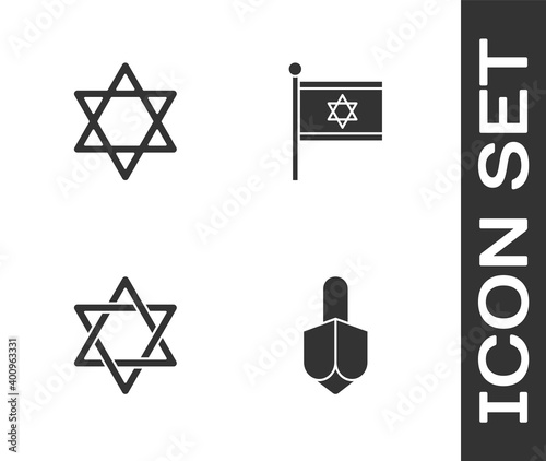 Set Hanukkah dreidel, Star of David, and Flag Israel icon. Vector.