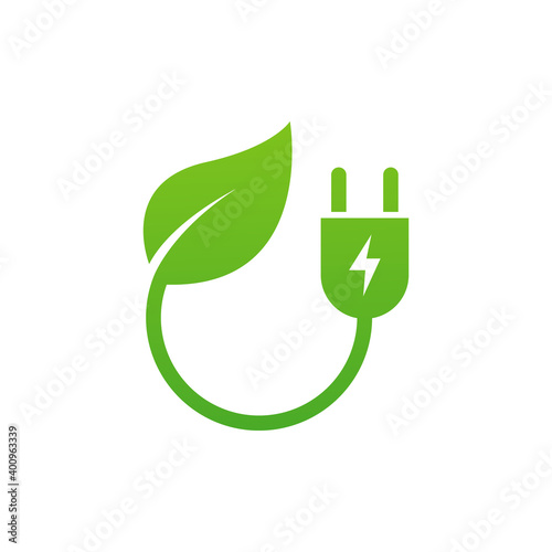Electrical plug with leaf. Green eco power symbol concept isolated on white background. Vector illustration