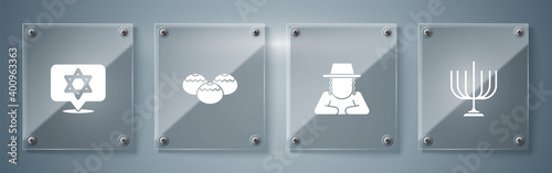Set Hanukkah menorah, Orthodox jewish hat, Jewish sweet bakery and Star of David. Square glass panels. Vector.