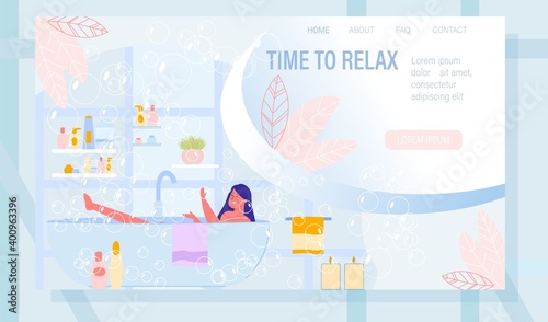 Landing Page with Young Woman Taking Bath at Home