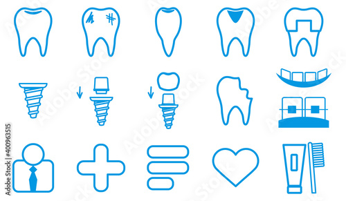 Dental Icons Set. Collection Thin blue lines symbol. Linear style of icons. Vector illustration.