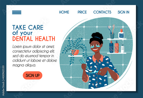 Web site template for a dental clinic. Tooth health oral hygiene. Young dark skinned woman brushes her teeth with a herbal paste. Stock modern flat illustration concept for landing page ui ux design.