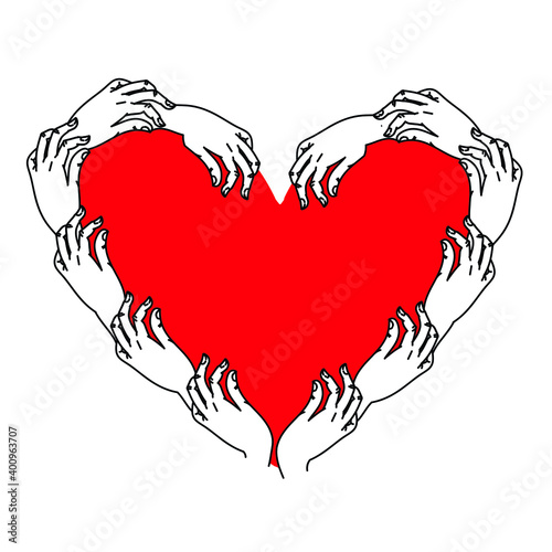 Heart Vector Illustration . A wreath of hands around a heart, a Valentine's Day template, a wedding invitation design 
