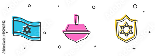 Set Flag of Israel, Hanukkah dreidel and Shield with Star David icon. Vector.