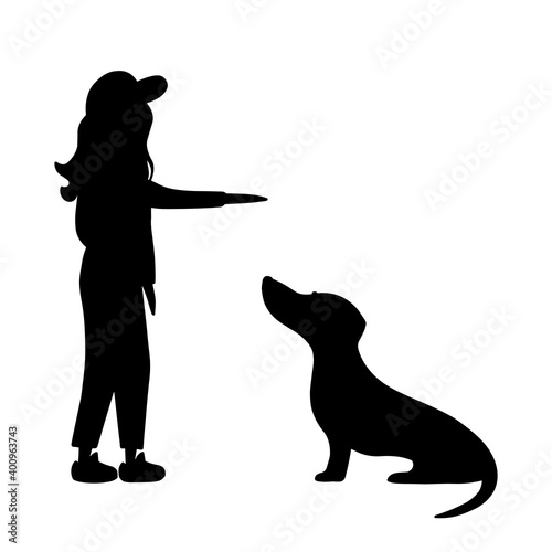 Silhouette woman, professional pet instructor teach, and training domestic dog  command sit in pet center or school,  cynology club. For poster, banner, flyer, web, mockup, business, company, sign.