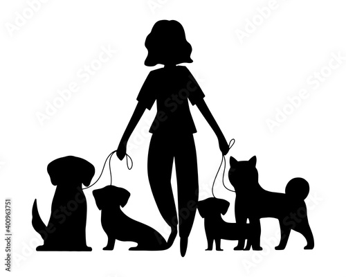 Silhouette dog handler walks with pet. Concept of dog service, volunteering, sitter, walker, pet care, dog shelter. Design for poster, banner, flyer, web, mockup, business, company,  identify, sign.