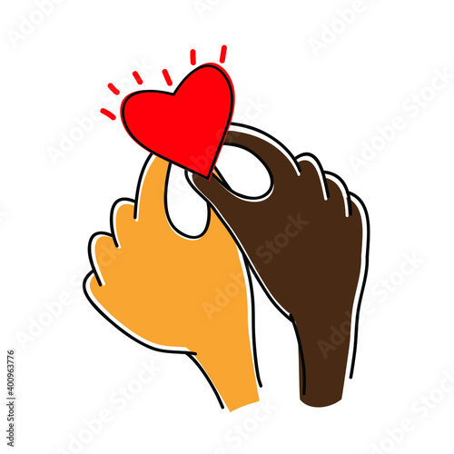 Black lives matter. Dark-skinned and light-skinned hands holding a heart. Equality of skin color. The end of racism, the poster of equality. Vector illustration concept