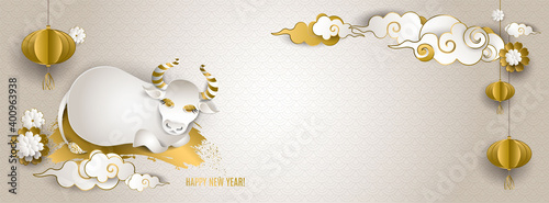 Happy Chinese New Year 2021 of ox. Banner: white and gold bull or cow, cloud, lantern, flowers on light background. For cover social network, card, poster, invitation. Paper style. Vector illustration