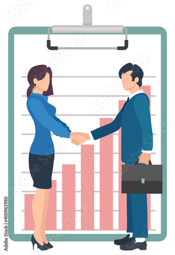 Collaboration of people vector, man and woman at business environment flat style. Male and female leaders of companies, clipboard with success charts