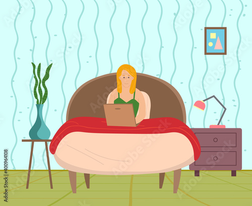 Young woman lying on the bed, holding a laptop. Relaxing at home concept vector flat design. Rest time, leisure, free time after work. Social media network communication digital gadget addiction