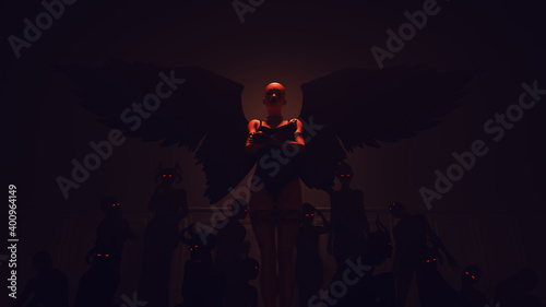 Valokuva Devil Women Black Demon Fallen Angel with Red Eyes Surrounded By Lesser Demons G