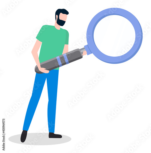 Man using a magnifying glass, person wants to carefully consider something. Bearded tall male character holding magnifier. Search for information and investigation, data analysis and research