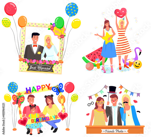 Photozones with people vector, isolated set of character flat style. Celebration of wedding and birthday party, family and friends on photo, balloons and frames with decoration, masks and hats