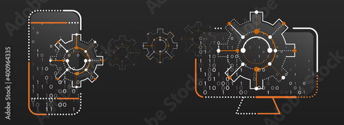 File sharing concepts. Information transferring computer and smart phone. Abstract data transfer vector illustration. Template for hi-tech banner or presentation. Futuristic circuit board.