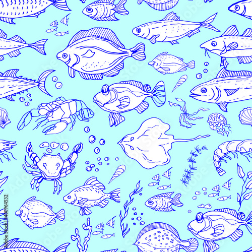 
Fish, crabs, seafood. Shrimp, halibut, tuna, shrimp, flounder. Seamless pattern. Hand drawn watercolor illustration. travel, sea, ocean, food. print, textiles