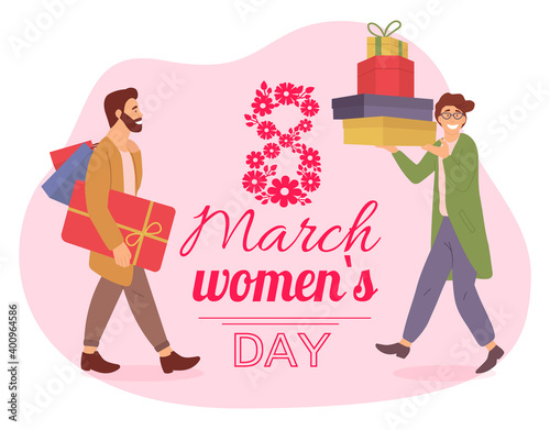 Men with gift boxes in their hands. Young guys are carrying presents on white background. Male character in store are prepairing for the March 8. Celebrating the International Women s Day concept