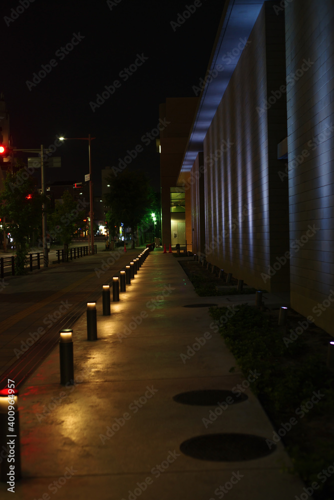 大阪府豊中市・文化芸術センター前の歩道の夜の街並み風景
