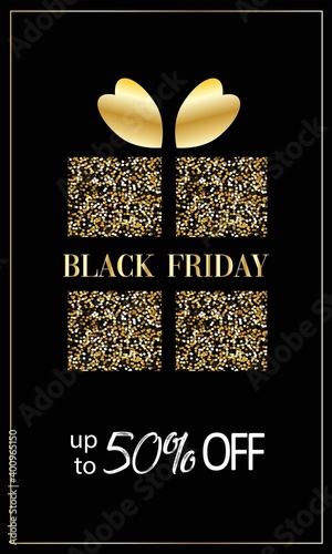 Black Friday sale banner,voucher,coupon,card with golden gift illustration. Black background. Discount design. photo