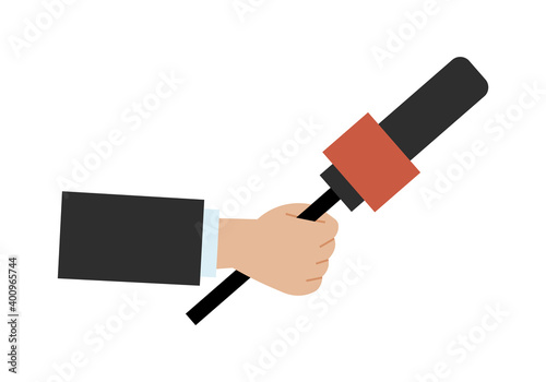 Hand holding a microphone vector illustration. Correspondent interviews with special equipment. Man holds a device for recording a human voice. Journalist hold microphone isolated on white background