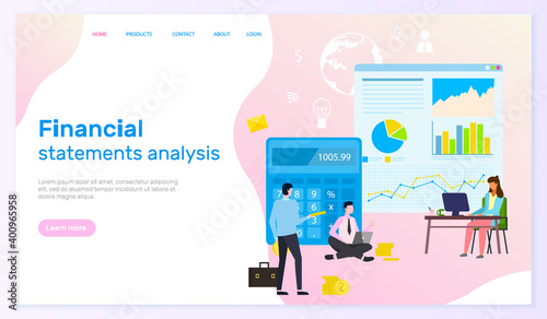 Landing page of financial site. Financial statements analysis, man sitting with laptopp, big cartoon calculator, woman uses monoblock, big board with analytic data. Infographic icons money, globe photo