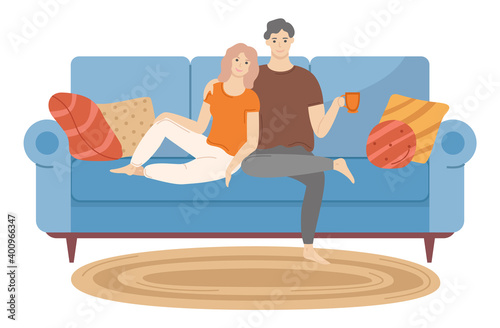 Couple sitting on sofa cuddling and and drinking tea. Man and woman together relaxing on comfortable couch in the evening. People in relationships isolated on white background. Characters sit with cup
