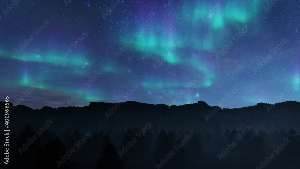 Northern lights aurora borealis over forest mountain range, 4K