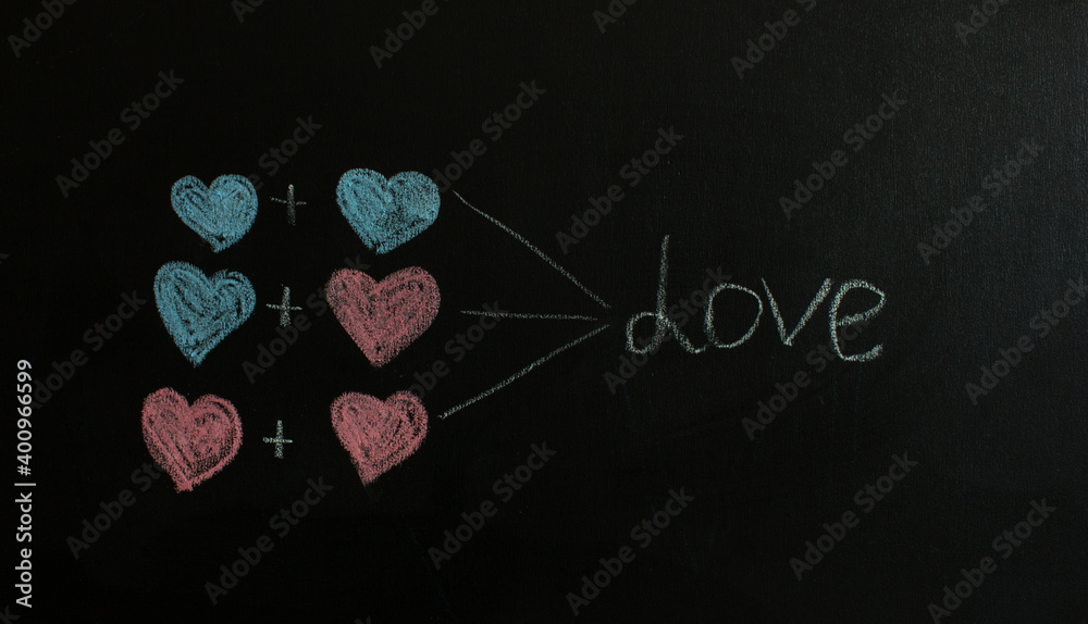 Blue and pink hearts are drawn on black chalkboard. The concept of various love. LGBT concept. Valentine's Day