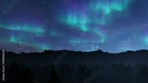 Northern lights aurora borealis over forest mountain range, 4K